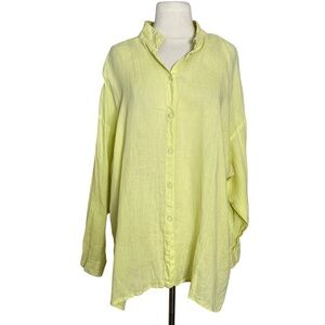 Eileen Fisher Chartreuse Green Linen Shirt 1X Button Down Top Lightweight Tunic
